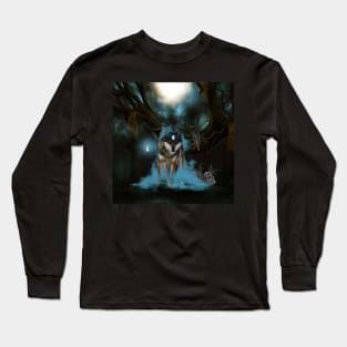 Awesome wolf in the night Long Sleeve T-Shirt